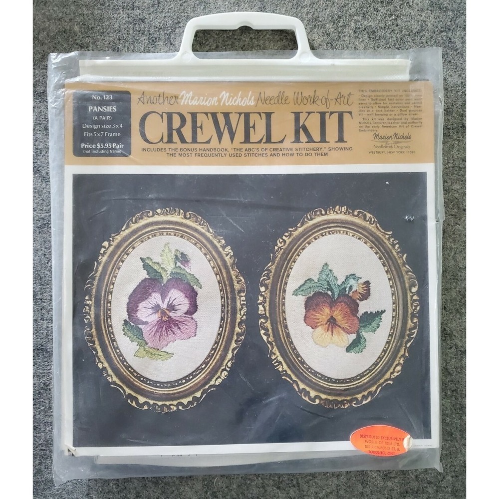 Vintage Marion Nichols Needlework Originals Crewel Kit No. 123 Pansies Pair